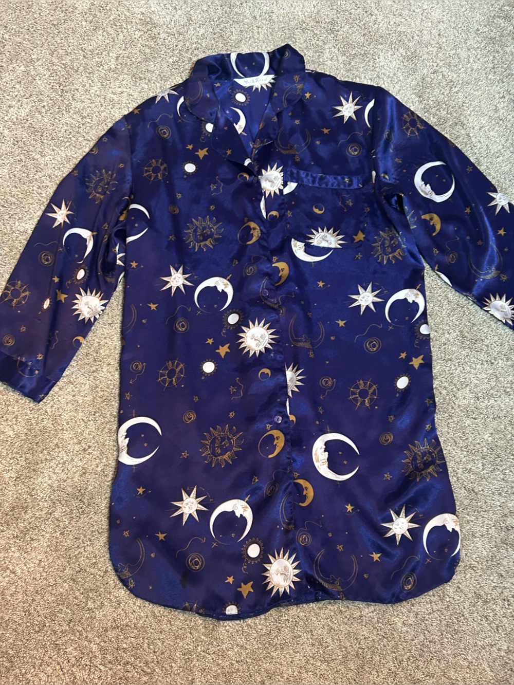 Vintage Silk Road Celestial Moon Sun Stars Pajama Sleep Shirt Top Navy XL